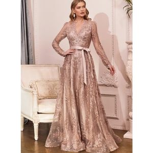 Elegant Lace Evening Gown in Rose Gold.